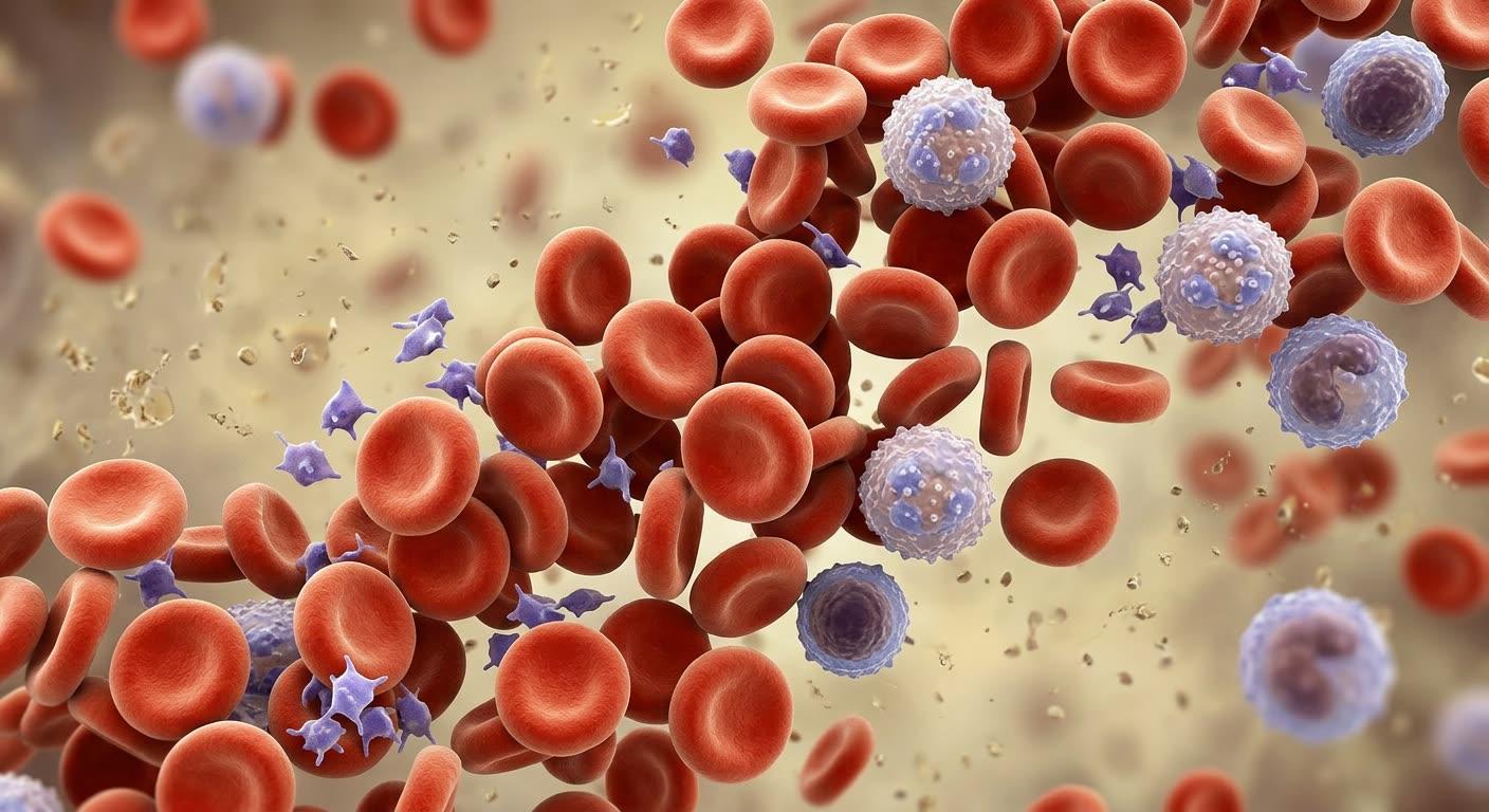 Red blood cells, white blood cells and platelets suspended in plasma, at high magnification.